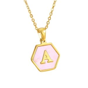 Hexagon Initial Letter Charm, A, 18K Gold-Plated Pink Pearl Pendant Necklace